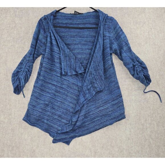 Blue Hooded Open Front Cardigan With Ruched Sleeves Knit Fabric Size M - Picture 1 of 6
